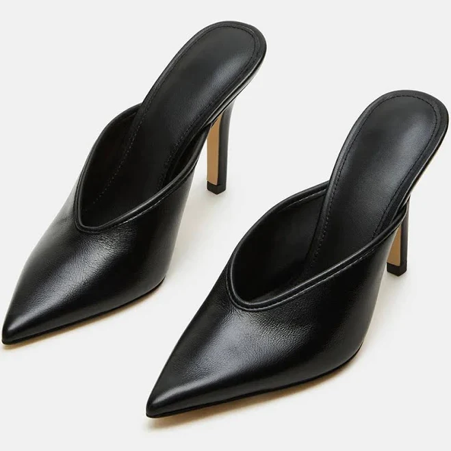 shoes Classic Black Vegan Leather Pointed Toe Stiletto Heeled Mules Black-9.5 YDN Shoes $99