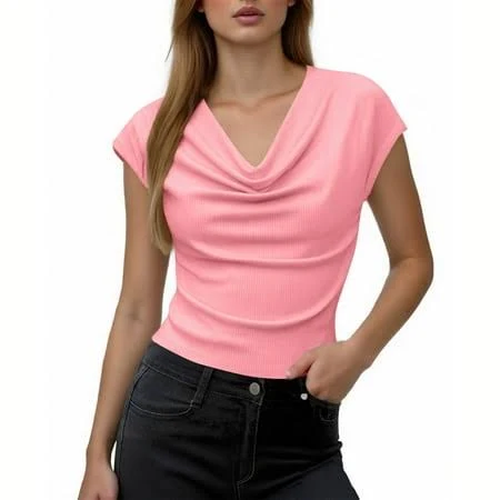 top Cocolona Women's Cowl Neck Cap Sleeve Ribbed Slim T-Shirt Walmart - Zypho Clothing $5.99