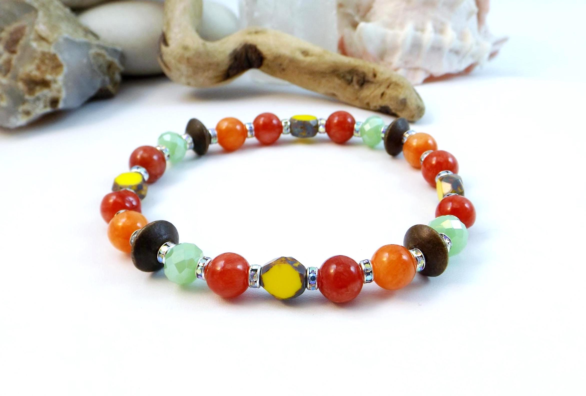 accessory Colorful Beaded Stretch Bracelet: Pink, Orange, Green, and Yellow come together in a Unique Gift for Her, Fun Island Vibe Etsy $25