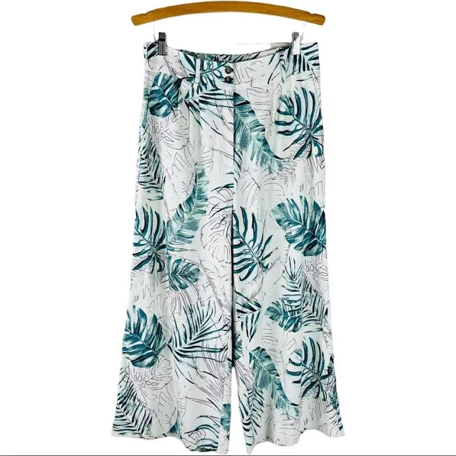 matching set Cream Green Palm Leaf Tropical Linen Wide Leg High Waisted Cropped eBay - the_tweed_fox $28