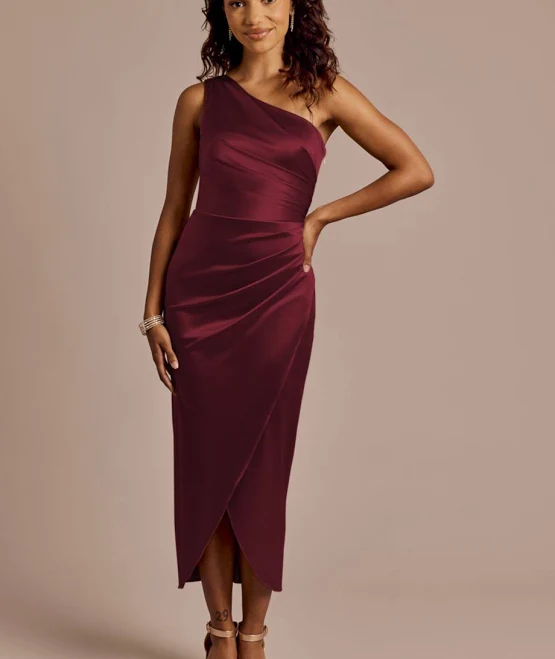 dress DB Studio Draped One-Shoulder Sculpting Satin Midi Dress David's Bridal $52.49