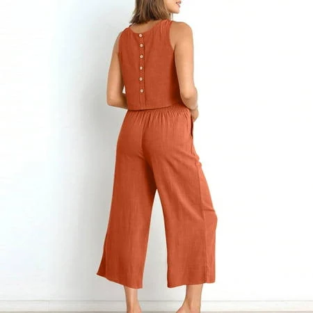 matching set Ecqkame Two Piece Sets for Women Cotton Linen Summer Outfits Crop Tank Tops Wide Leg Pants Sets Walmart - Ecqkame Fashion $12.99