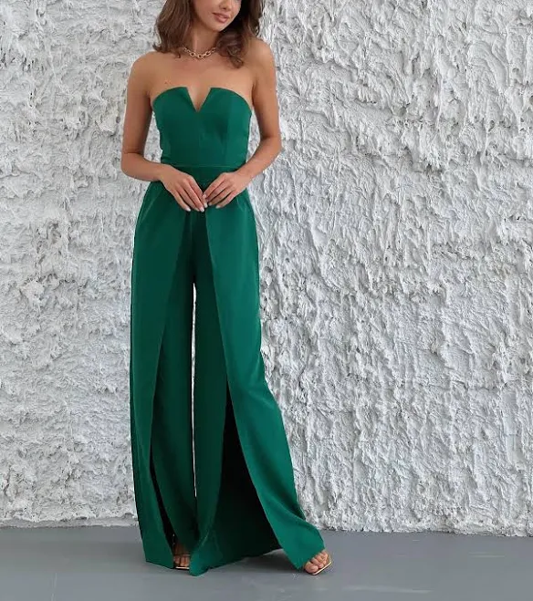 jumpsuit ELAGIA Women's Emerald V-Neck Strapless Crepe Jumpsuit Etsy - MoraBrand $117.3