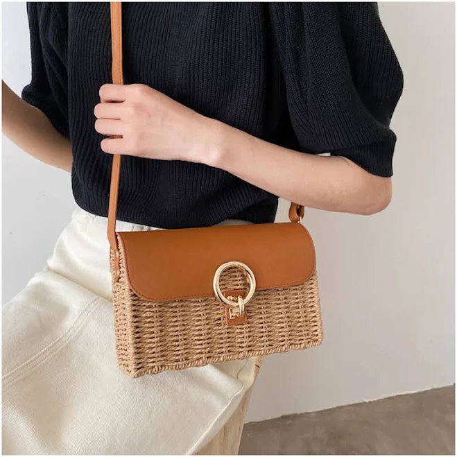 bag Elena Straw Woven Box Bag with Leather Flap Elena Handbags $48