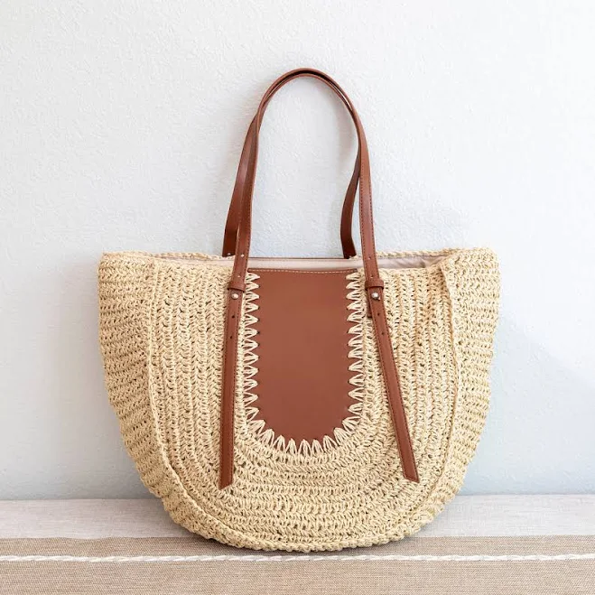 bag Elena Straw Woven Round Tote with Brown Leather Accents Elena Handbags $45