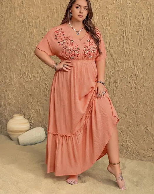 dress Embroidered V Neck Maxi Dress 9thstreetclothingco $79.99