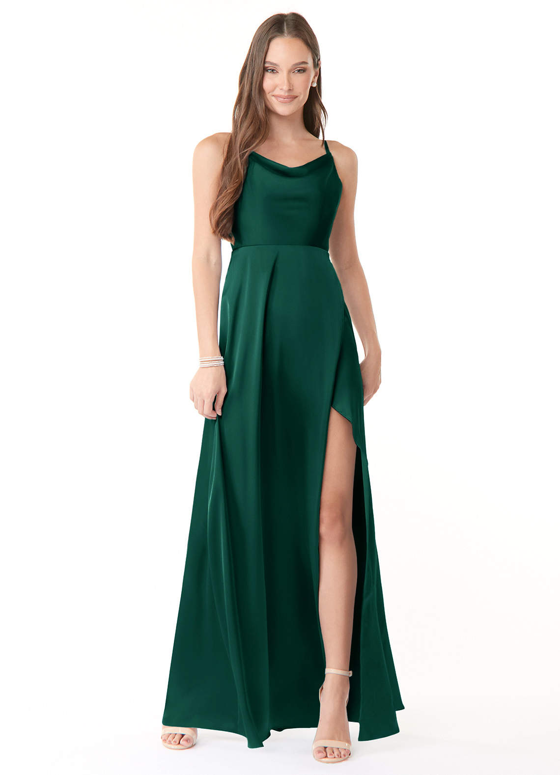 dress Emerald A-Line Cowl Neckline Side Slit Stretch Satin Dress Azazie.com $29