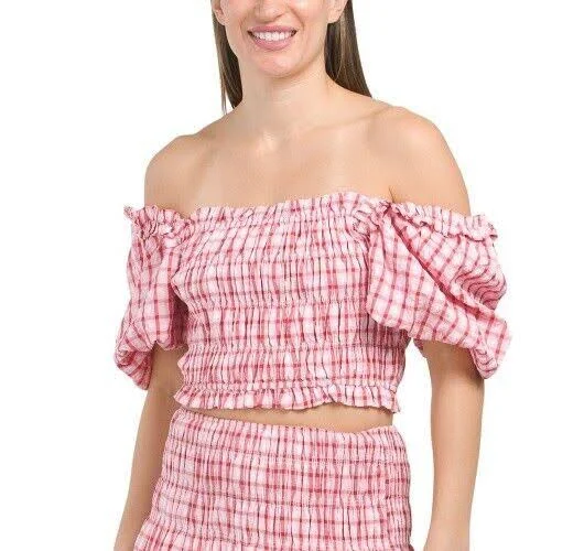 off-shoulder top English Factory Gingham Smocked Off Shoulder Crop Top Puff Sleeve eBay - personalshopperwomensclothes $28.87