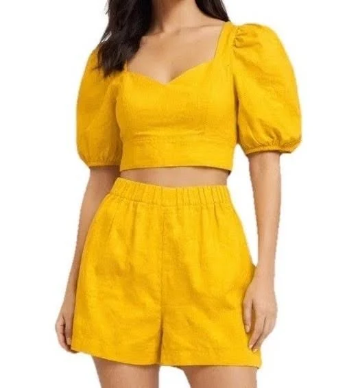 matching set Express Gold Linen Blend Puff Sleeve Crop Top & High Waist Shorts eBay $40