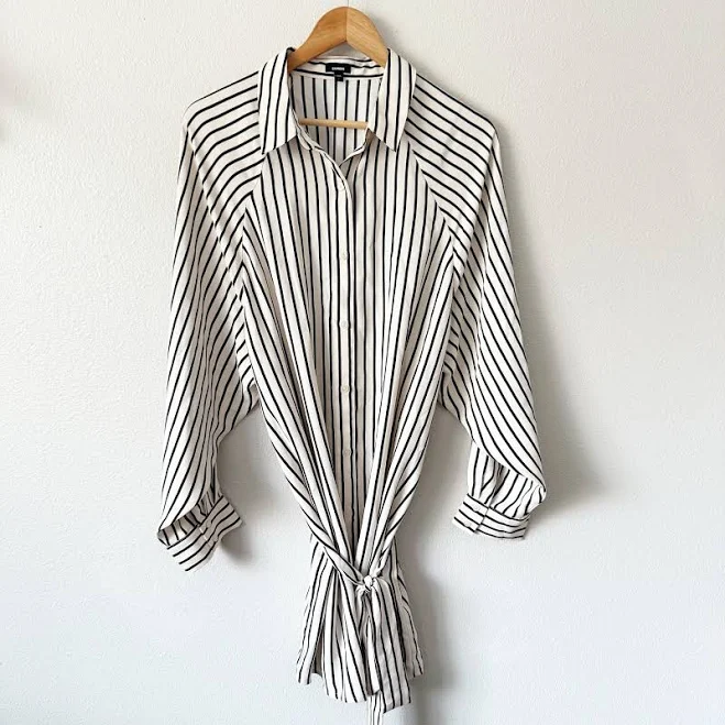 top Express | White Black Vertical Stripe Shirt Tunic Belt Oversized | eBay - bespokeclothingshoppe $39