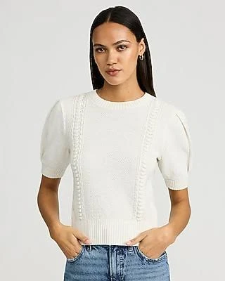 top Express Women's Cotton Textured Crew Neck Puff Sleeve Sweater Express $68