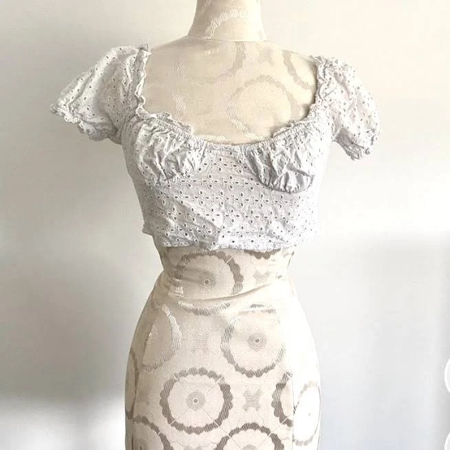 crop top Eyelit Lace Crop Top with Sweetheart Neckline and Puff Sleeves Poshmark $9