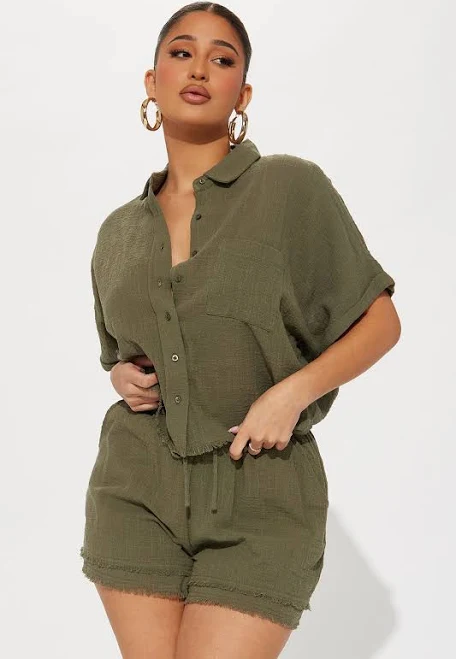 two piece set Fashion Nova Conjunto de Short Easy Breezy Linen Button Up Shirt Fashion Nova $44.99