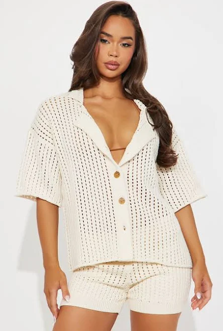 matching set Fashion Nova Short Sleeve Crochet Button Up Shirt Short Set in Beige, Size Fashion Nova $34.99