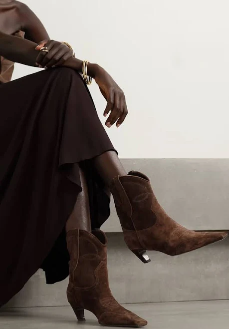 shoes Faux Suede Cowboy Boots with Swirling Embroidery Floralkini $77.99