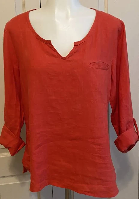 blouses Flax Coral 100% Linen Tunic Shirt Top Roll Tab Sleeves “p” Side Slit eBay - rustyfinds4u $39.99