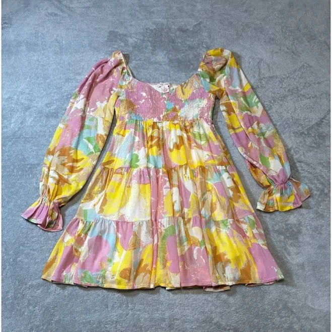 dress Flying Tomato Floral Puff Sleeve Mini Dress Women’s Medium Pastel Abstract Boho - Women | Color: Pink/Yellow/Green | Size: M Mercari $30