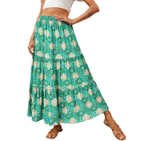 skirt Freshpretty Women's Spring Summer High Waist Boho Floral Maxi Skirt Casual Flowy Swing Pleated A Line Beach Long Skirts, Size: Medium, Green Walmart - FreshPretty $32.89
