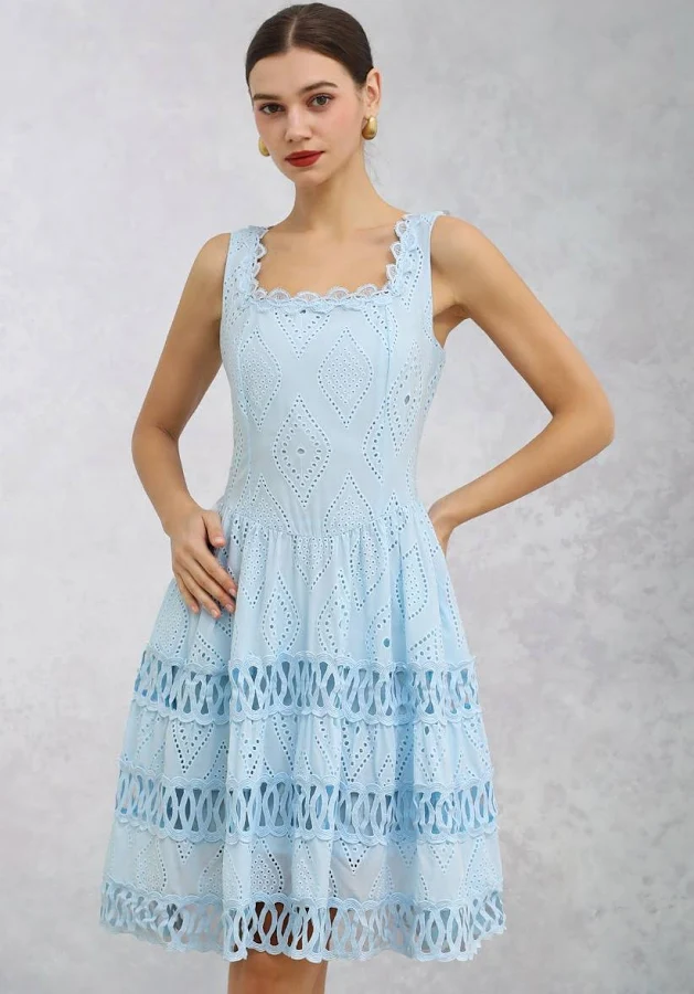 dress Geometric Eyelet Embroidered Square Neck Sleeveless Dress Chicwish $79.9