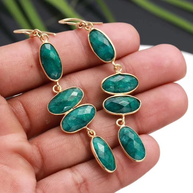 accessory Gold Plated Oval Emerald Dangle Earrings Etsy - JewelshopStudio $20.4