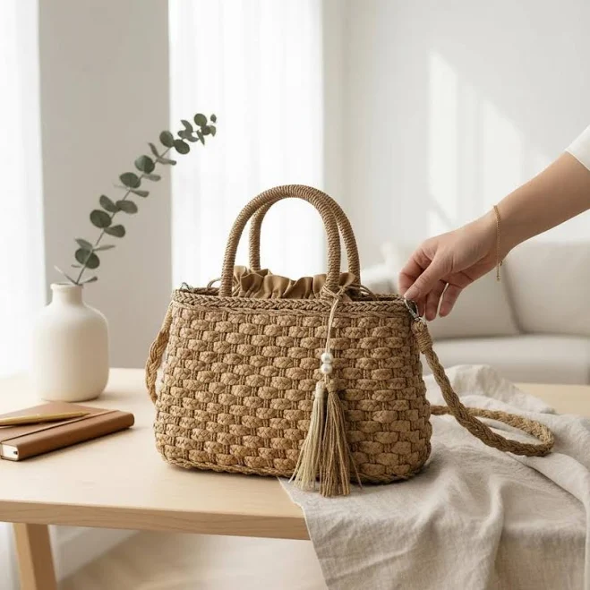 bag Handmade Straw Woven Crossbody Bag with Pearl Tassel Etsy - Seller $61.6