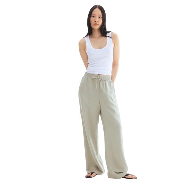 pants HM Linen Blend Wide Leg Pants Sage Green Elastic Waist Drawstring XS eBay $12.5