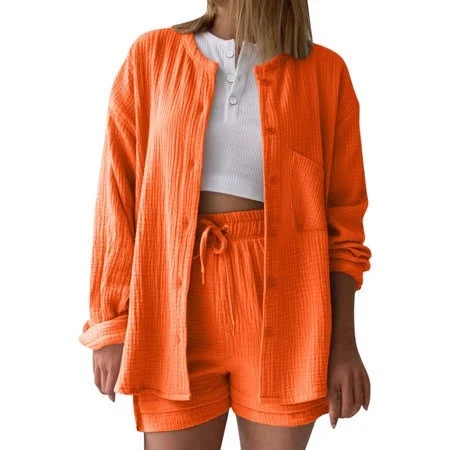 matching set Hurxie 2 Piece Linen Set for Women Oversized Wrinkle Long Sleeve Button Down Shirts and Drawstring Shorts Beach Outfit Sets Orange,M, Women's, Size: Walmart - ShiKeXi $21.9