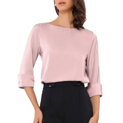 top Inspire Chic Satin Blouse for Women Dressy Casual Boat Neck 3/4 Sleeve Work Shirt Target $30.99