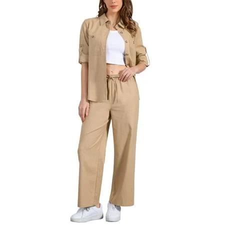 outfits Inspire Chic Women's 2 Piece Linen Button Down Shirt and Drawstring Pants Outfit Walmart - Tasharina Corp $60.49
