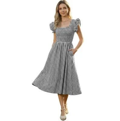 dress Inspire Chic Women's Gingham Ruffle Cuff Sleeveless Square Neck Smocked A Target $45.99