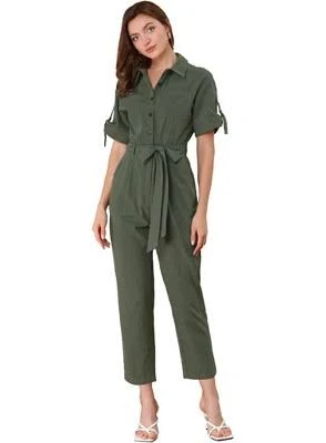 romper Inspire Chic Women's Short Sleeve Collared Button Down Tie Waist Cargo Jumpsuit Target $56.99