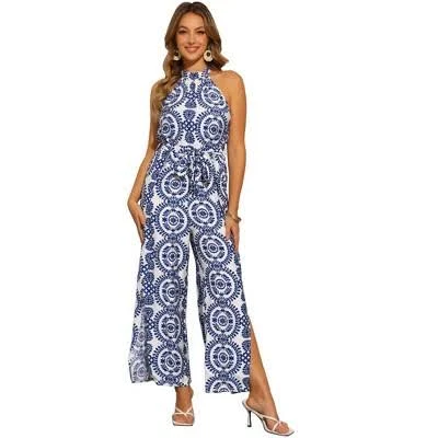 jumpsuit Inspire Chic Women's Sleeveless Tie Halter Neck Belt Slit Wide Leg Jumpsuit Target $39.99