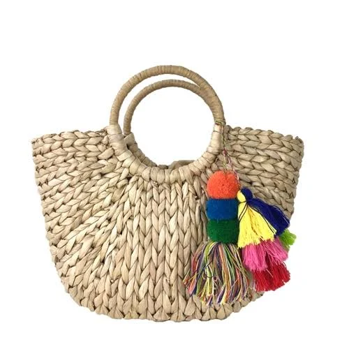 bag Island Nixie Straw Beach Tote Bag with Colorful Pom Pom Tassels The Bagtique $58