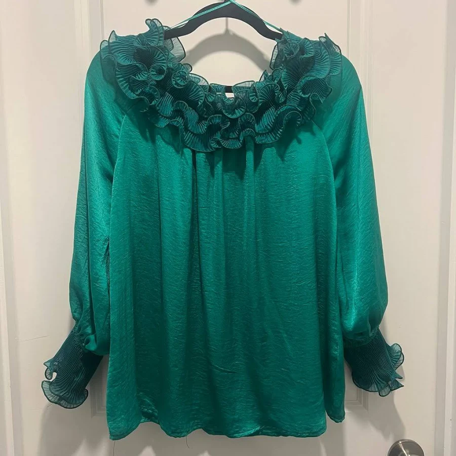 off-shoulder top JODIFL Vici Collection Emerald Green Satin Off Shoulder Ruffle Top S - Women | Color: Emerald/Green/Red | Size: S Mercari $25