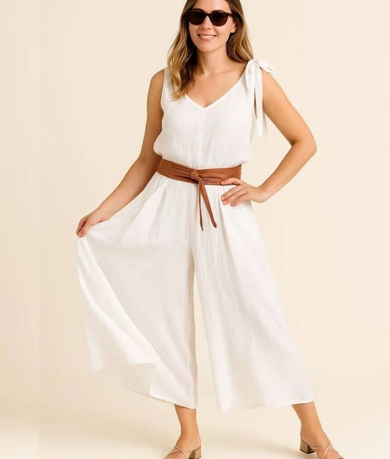 jumpsuit Jumpsuit Tie Shoulder V-Neck Linen ADA Collection Online Store $68