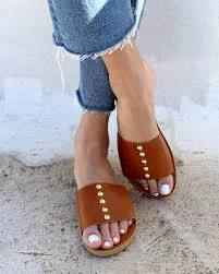 shoes Leather Slides Tan Natural Color With Gold Studs , made in Greece handmade leather sandals Etsy $105.17