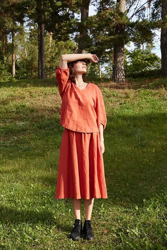 baggy oversized outfit lglinen Organic Linen Matching Set Astra: Terracotta Blouse & Midi Skirt Etsy - LGlinen $171.3