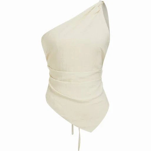 top Linen-Blend Asymmetrical Neck Ruched One-Shoulder Top Cider $19.9