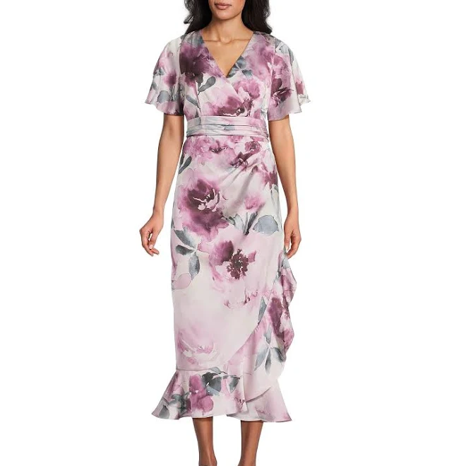 dress Livia Jolie by Le Bos Floral Print Mock Wrap Flutter Sleeve Midi Dress Dillard's $128