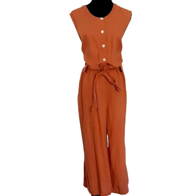 jumpsuit Liz Claiborne Pants & Jumpsuits | Liz Claiborne Wide Leg Jumpsuit Linen Blend Button Front Terracotta Womens L | Color: Orange | Size: L | Poshmark $38