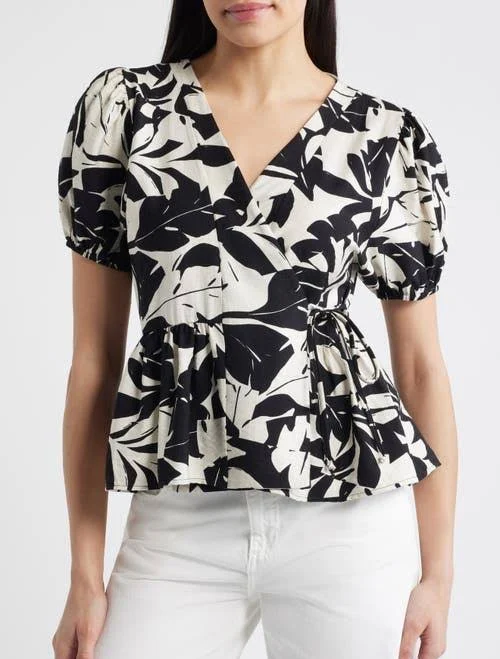 top Loveappella Women's Abstract Leaf Print Wrap Top Nordstrom $49