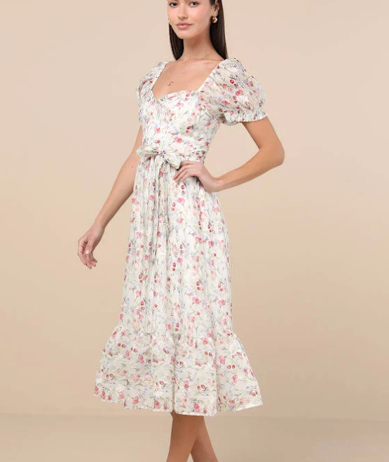 dress Lulus Floral Tiered Puff Sleeve Midi Dress Lulus $47