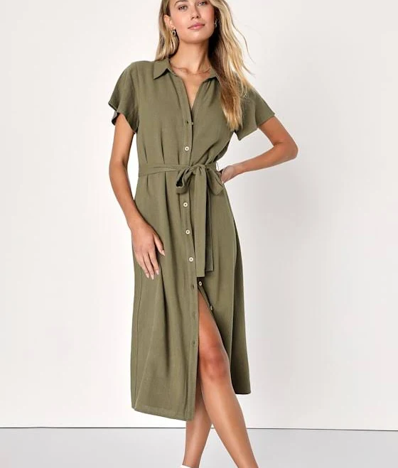 shirt dress Lulus Linen Button-Up Short Sleeve Midi Dress Womens Lulus $63.2