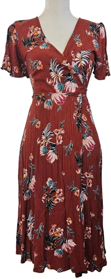dress Lulus Rust Orange Floral Wrap Midi Dress Short Flutter Sleeve V-neck eBay - roxanayrocio $33