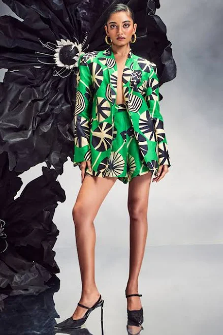 two piece set Maison Blu Women's Silk Printed Blazer Set Pernia's Pop Up Shop $213.75