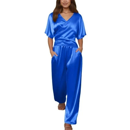 matching set Mdukonu Women's Satin 2-Piece Set - V-Neck Wrap Tie Top & Cropped Wide Leg Pants Blue L, Size: Large Walmart - lin bing nan $45.89