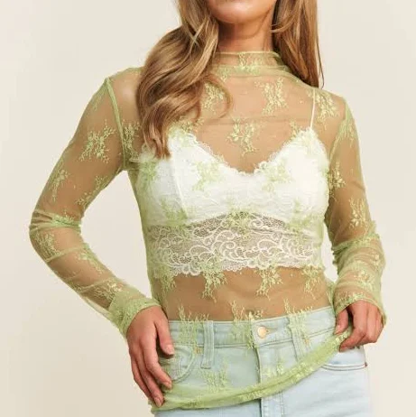 top Mesh Long Sleeve Mock Neck Sheer Top Modern Millie $22