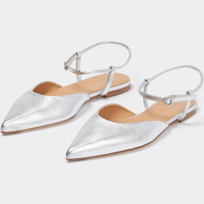 shoes Metallic Silver Pointed-Toe Vegan Leather Flats With Ankle Strap, Silver / 9 Fuchsia Boots $86.99