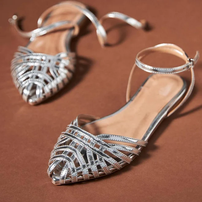 shoes Metallic Silver Strappy Flats Pointy Toe Sandals With Wrap Ankle Strap, Silver / 7.5 Fuchsia Boots $89.99