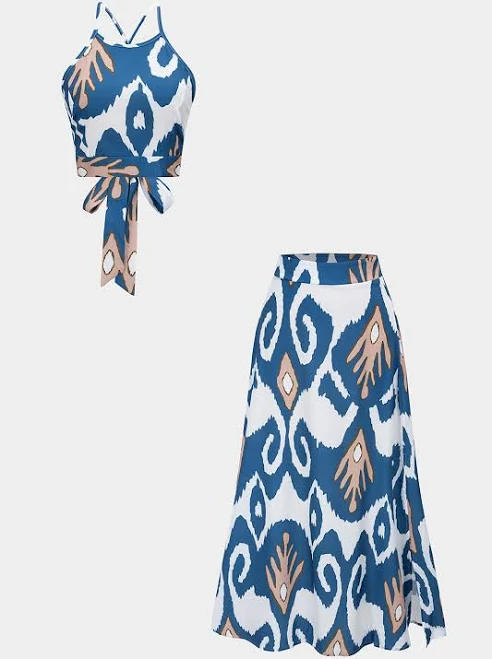 two piece set Micas Abstract Print Satin Cami Top and Skirt Set Micas $40